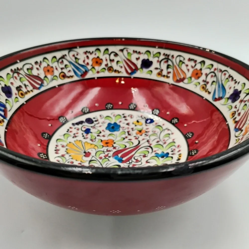 Turkish Ceramic Bowl Hand Painted Hand Made Red Floral Tulip Ottoman Iznik Style